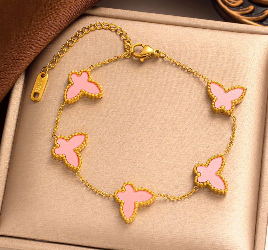 Gold effect Butterfly Bracelet with Baby Pink Pearlescent Shell Double sided