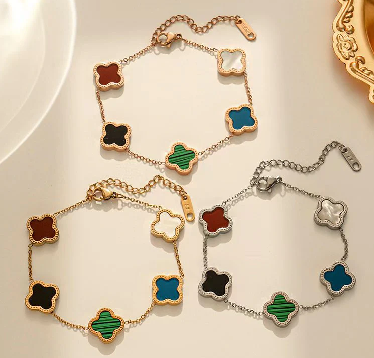 Gold effect Four Leaf Clover Bracelet with Multi-coloured Shell Double sided