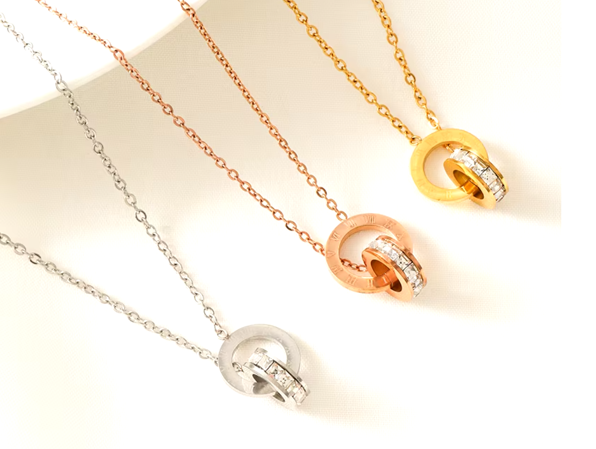 Small Double Circle Pendant, Diamanté encrusted