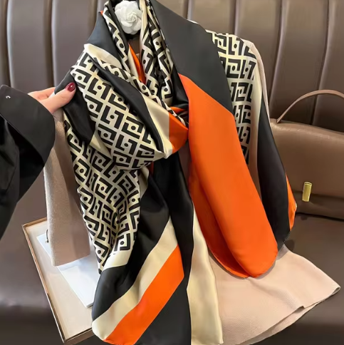 Silk Geometric Scarf, Elegant Wrap for Winter Evenings, Black & Cream with Orange