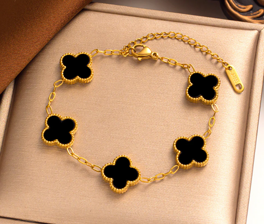 Gold effect Four Leaf Clover Bracelet with Black Shell Double sided