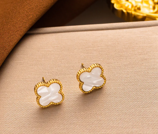 Gold effect Four Leaf Clover Ear Rings with White Pearlescent Shell