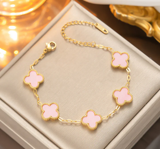 Gold effect Four Leaf Clover Bracelet with Baby Pink Shell Double sided