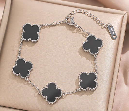 Silver effect Four Leaf Clover Bracelet with Black Onyx Shell Double sided