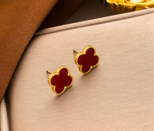 Gold effect Four Leaf Clover Ear Rings with Cherry Red Shell