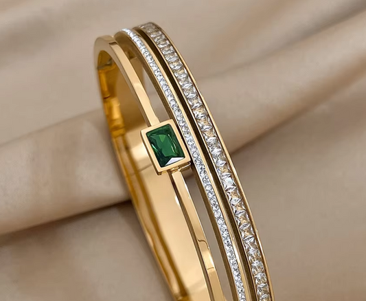 Gold effect Triple Bangle with Green Stone