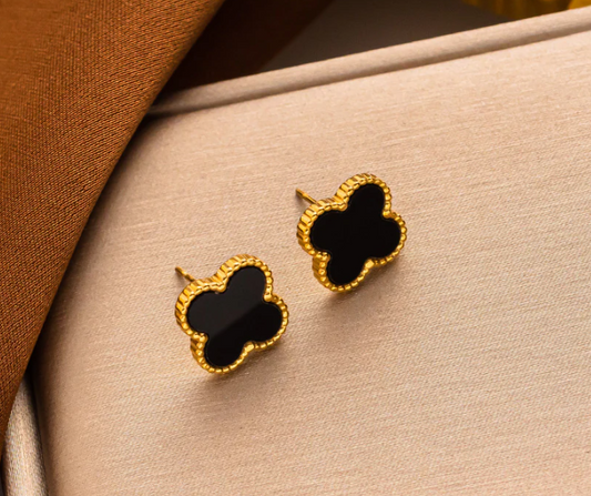 Gold effect Four Leaf Clover Ear Rings with Black Shell