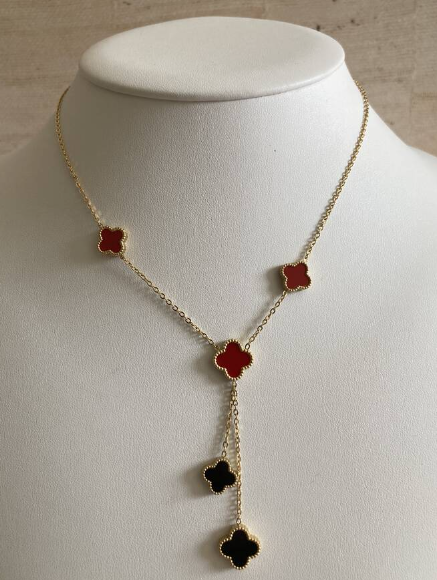 Gold effect Multi-Charm Necklace, Black and Cherry Red, Double sided, adjustable length extension