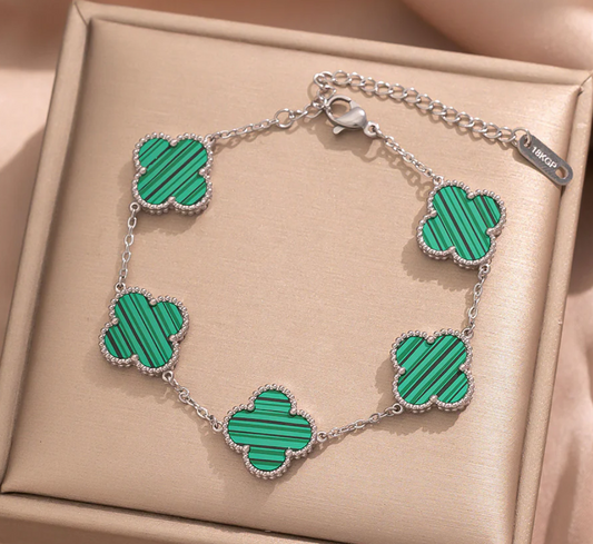 Silver effect Four Leaf Clover Bracelet with Emerald Green Shell Double sided