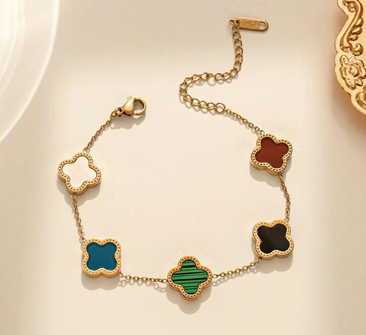 Gold effect Four Leaf Clover Bracelet with Multi-coloured Shell Double sided