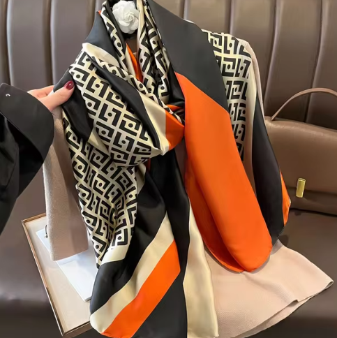 Silk Geometric Scarf, Elegant Wrap for Winter Evenings,  Black & Cream with Orange