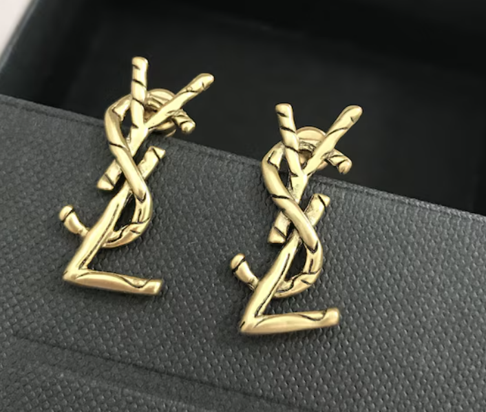 'YSL' Lettering Distressed Stud Earrings - Gold effect